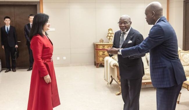 Wang Min, lors de la remise de ses lettres de créances au chef de l'Etat togolais..