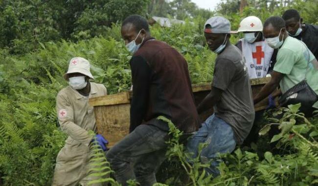 Un cercueil transporté par des bénévoles de la Croix-Rouge dans l'est de la RDC
